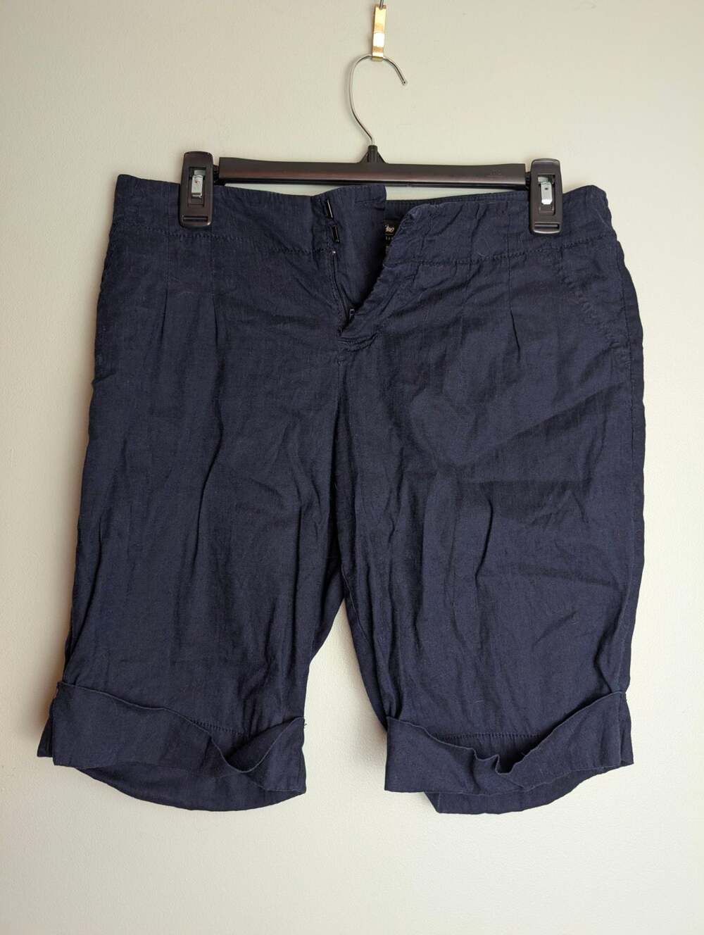 Mossimo Women Navy Blue Linen Stretch Cuffed Bermuda Shorts Size 6